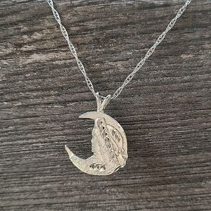 Vintage 925 Sterling Silver Woman In The Moon Pendant Necklace